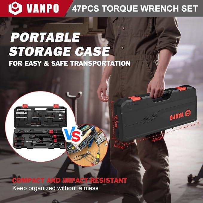 VANPO Torque Wrench Set, 1/4", 3/8", 1/2" Drive, 47-Piece, Click Type | 20–240 in-lb, 5–45 & 10–170 ft-lb for Lug Nuts, Car, Motorcycle & Bike Repair, with S2 Bits Wheel & Spark Plug Sockets, 72T