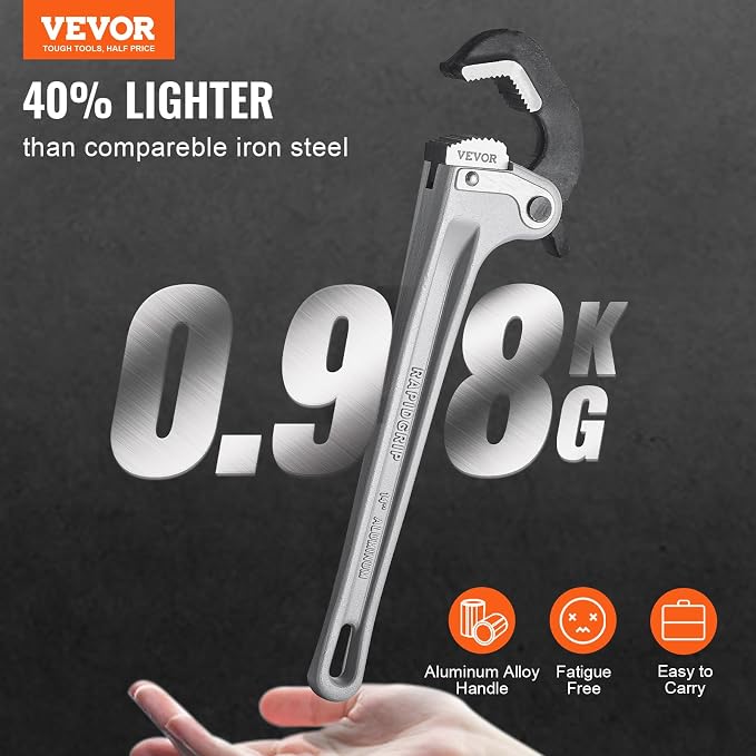 VEVOR Pipe Wrench, 14" Aluminum Straight Pipe Wrench, Automatic Jaw Adjustment, Adjustable Plumbing Wrench, Easy to Carry, Ergonomic Handle, Hangable Design, for Water Pipes, Automotive Repairs