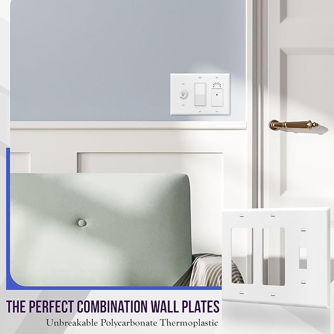 ENERLITES Combination Single Toggle/Double Decorator Rocker Outlet Wall Plate, Standard Size 3-Gang Light Switch Cover (4.5" x 6.38"), Polycarbonate Thermoplastic, UL Listed, 881132-W, White, 2 Pack