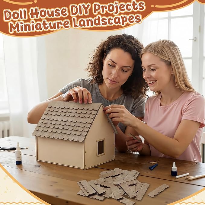 Wenqik 100 Strips Dollhouse Roof Shingles 4.25 x 1.14 Inches Each Mini Fish Scale Wooden Dollhouse Miniature Roofing for 1: 12 Scale Doll House Projects DIY Miniature Landscapes (Light Brown)