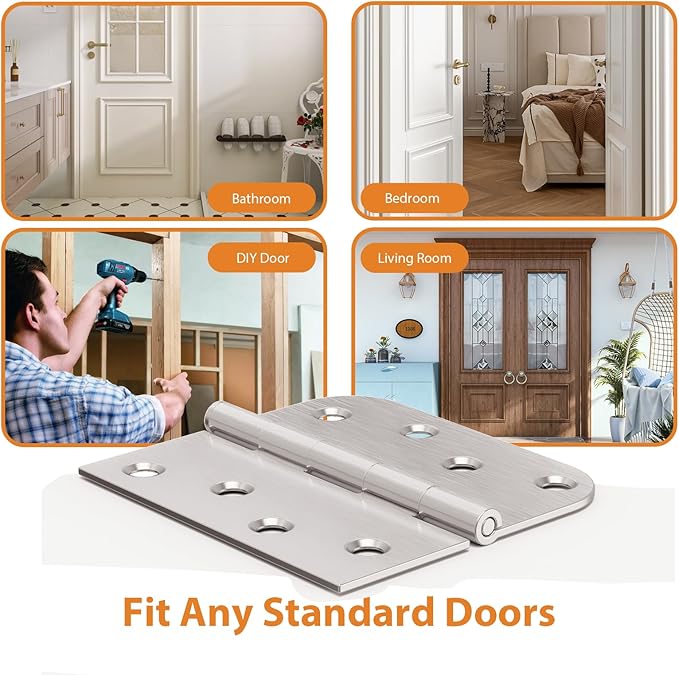 18 Pack Brushed Nickel Door Hinges, 4 Inch Exterior Door Hinges with Square & 5/8" Radius, 4 in Satin Nickel Heavy Duty Residential Front and Back Hinges, Removable Pin & No Squeaks