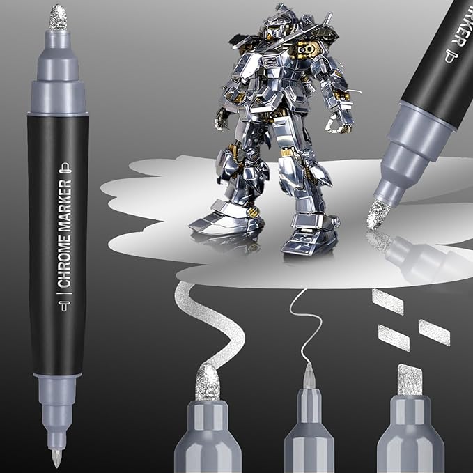 1PK Dual Tip Liquid Chrome Marker, Permanent Mirror Chrome Paint Pen for Plastic, Metal, Model Painting, Touch Up & Repair Kit, 2 Tips (0.7mm & 3mm Reversible Tip)