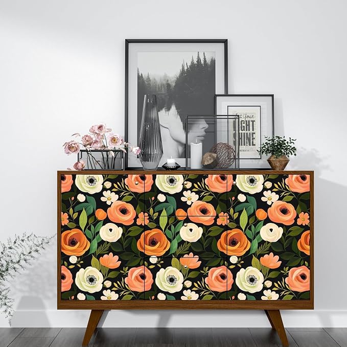 Danodoi Orange Green Vintage Floral Peel and Stick Wallpaper 17.5" x 393" | Waterproof Vinyl Self Adhesive Removable Renter Friendly Floral Contact Paper