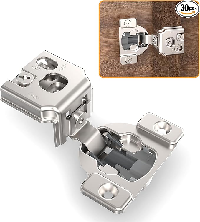 Chibery 30 Pack 1-1/4" 4D Concealed Hinges for Face Frame Door, Soft Close On/Off Switch, Self Closing, 105° Open Angle Concealed Stainless Steel Hinges for Framed Cabinet, Satin Nickel