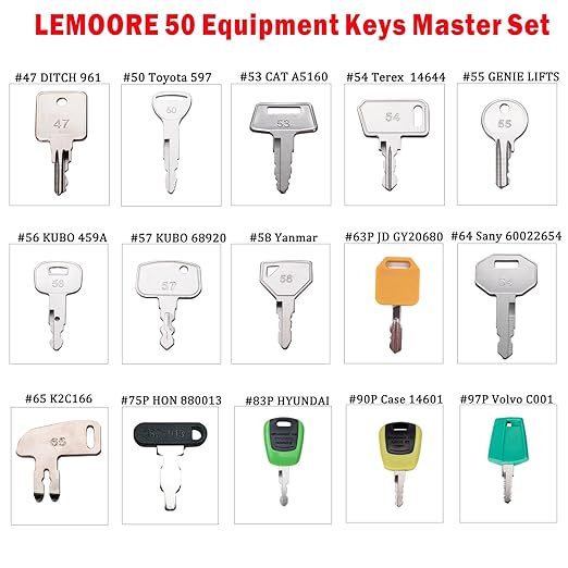 50 Heavy Equipment Keys Master Set, Construction Ignition Key for Cat Caterpillar Case JD John Deere Hyster Komatsu Kubota Yanmar Daewoo Takeuchi Ford New Holland Volvo JCB and More
