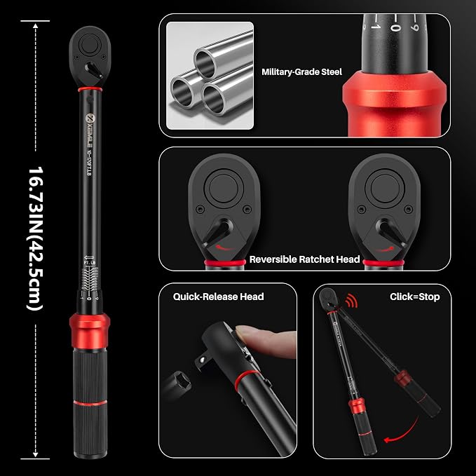 1/2-Inch Drive Click Torque Wrench-10-170 Ft-Lb for Car Motorcycle | Adjustable Inch Pound Torque Wrench(13.6-230.5Nm),72T Dual-Direction Dual Range Scales,3% Precision for Bike Lug Nut Pipe DIY