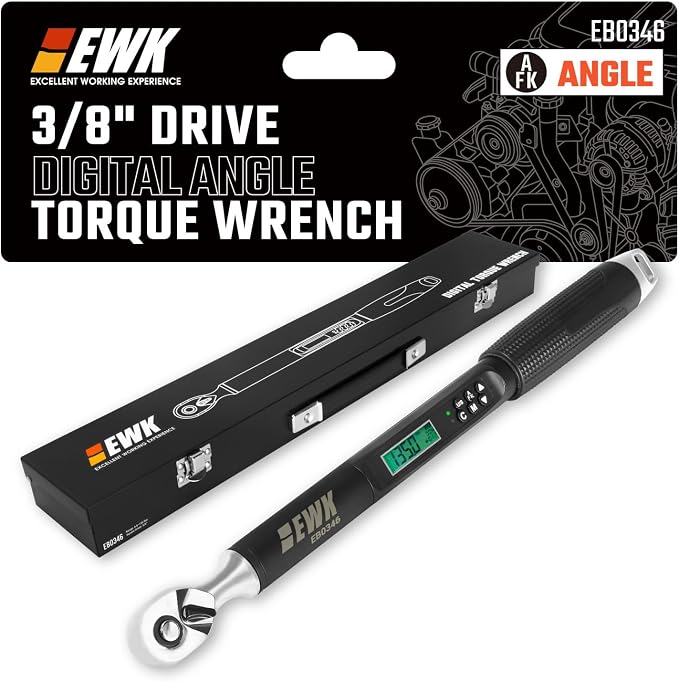 EWK 3/8" Drive Digital Angle Torque Wrench 5-100 ft-lbs (6.8-135 Nm) | ISO 6789, ±1.5% clockwise / ±2.5% counterclockwise/ ±2% Angle, LCD Display, LED Buzzer Vibration Alert, 30 Memory Values