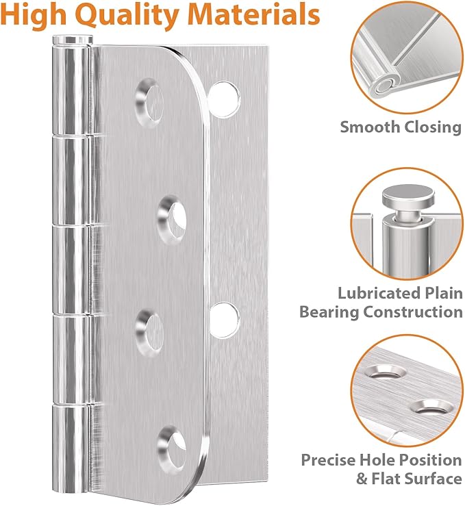 18 Pack Brushed Nickel Door Hinges, 4 Inch Exterior Door Hinges with Square & 5/8" Radius, 4 in Satin Nickel Heavy Duty Residential Front and Back Hinges, Removable Pin & No Squeaks