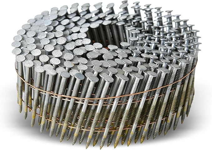 waltyotur 1200 Count Stainless Steel Coil Roofing Ring Shank Siding Nails 15-Degree Collated Wire Coil 1-3/4 Inch, 0.09 Inch Ring Shank, Small Cap Coil Stud Siding Nails