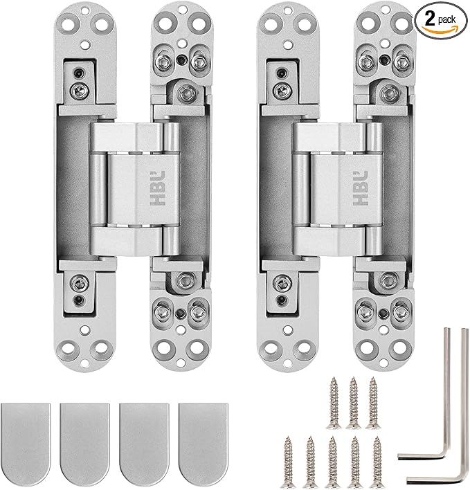 HBL' 2 Pack Hidden Door Hinges, 6 Inch Silver Heavy Duty Hidden Hinges for Secret Doors, 3-Way Adjustable to Bulid Conceal Bookcase Door