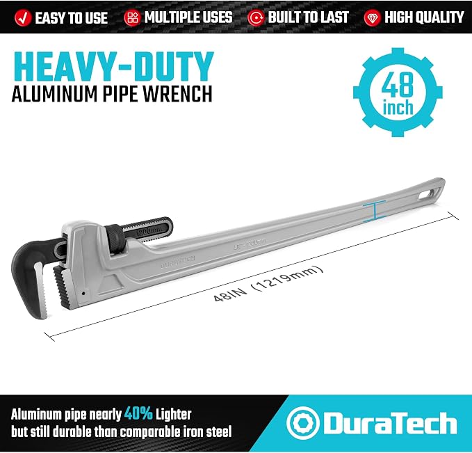 DURATECH 48-inch Aluminum Straight Pipe Wrench, Adjustable Plumbing Wrench | Heavy Duty, Drop Forged, Exceed GGG standard