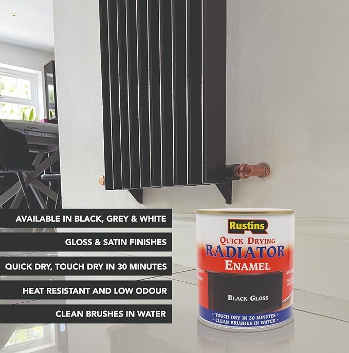 Rustins Quick Drying Radiator Enamel Satin, 250ml, Black