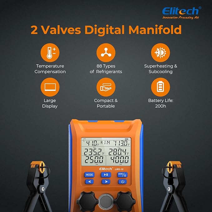 Elitech LMG-10Plus 2-Way Digital Manifold, HVAC Refrigerant Pressure Gauge for Superheat/Subcooling, with Temp Clamps and R410A Adapter, Supports 88 Refrigerants
