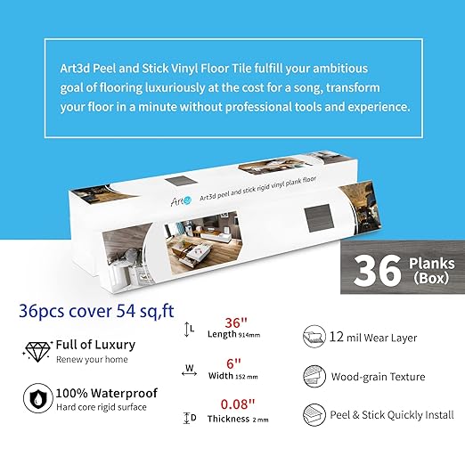 Art3d Peel and Stick Floor Tile Vinyl Wood Plank 36-Pack 54 Sq.Ft, Deep Gray, Rigid Surface Hard Core Easy DIY Self-Adhesive Flooring