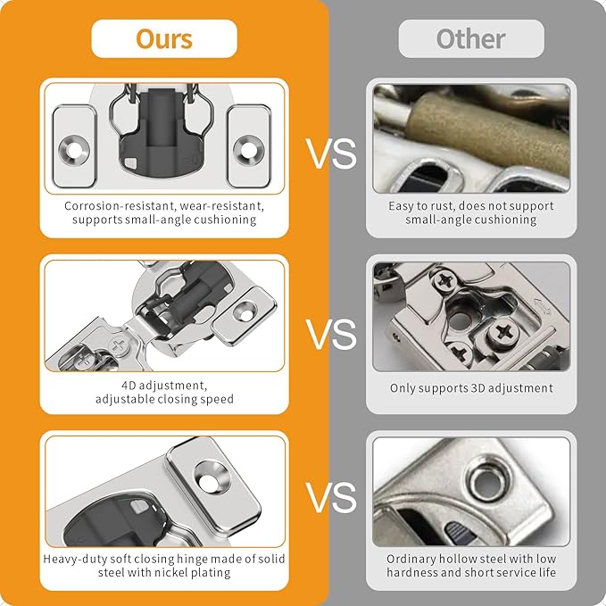 Chibery 4 Pack 1/4" Small Overlay 4D Concealed Hinges for Face Frame Door, Soft Close On/Off Switch, Self Closing, 105° Open Angle Concealed Stainless Steel Hinges for Framed Cabinet, Satin Nickel