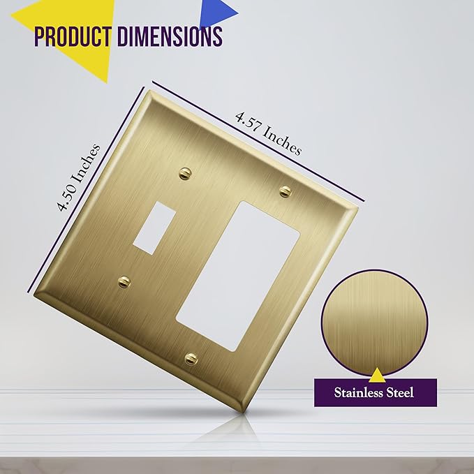 ENERLITES Combination Toggle and Decorator Switch Metal Wall Plate, Stainless Steel 201, Corrosion Resistant, Size 2-Gang 4.50" x 4.57", 771131-BB, Brushed Brass, Gold