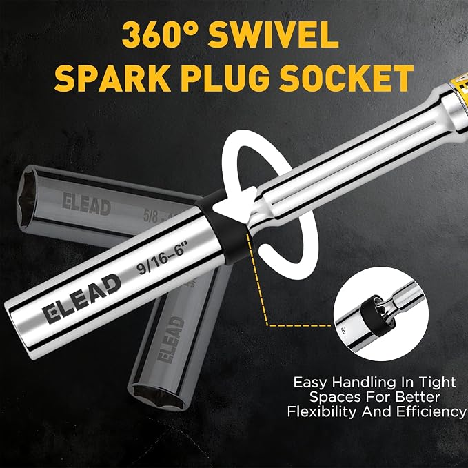 9/16" Swivel Magnetic Spark Plug Socket, 3/8" Drive x 6" Total Length, Thin Wall Spark Plug Removal Tool, 360 Degree Swivel, Enhanced Magnetic, 6-Point Design, Cr-V Steel