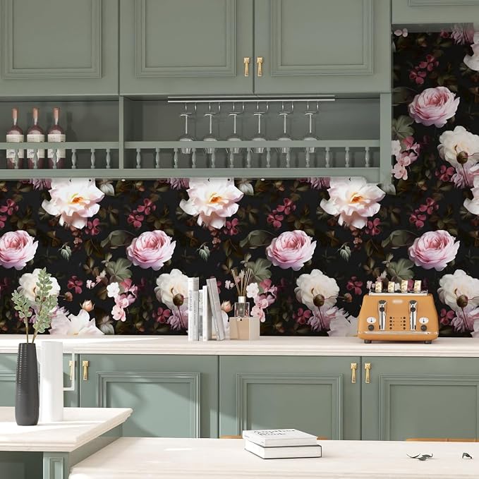 Fvlow Glowing Pink Floral Peel and Stick Wallpaper 17.4" x 118" | Renter Friendly, Removable & Waterproof, Vinyl Easy Install for Bedrooms, Bathrooms, Kitchens, Cabinets and Home Decor