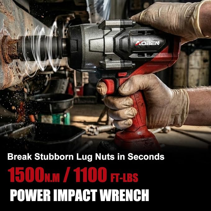 AOBEN 1500N.m Cordless Impact Wrench, 1/2" Heavy Duty Impact Gun, 3-Speed 2500RPM Power Torque for Truck & RV Lug Nuts, Rusted Bolts, 4.0Ah Battery & Fast Charger, 6 Sockets & Carry Case