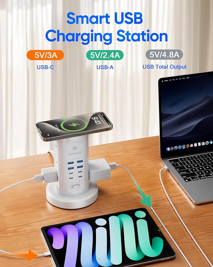 Power Strip Tower, kakyanill Surge Protector Tower 9 AC Outlets 8 USB (4 USB C), 6 Ft Retractable Extension Cord, Charging Station for Office Dorm Room, White