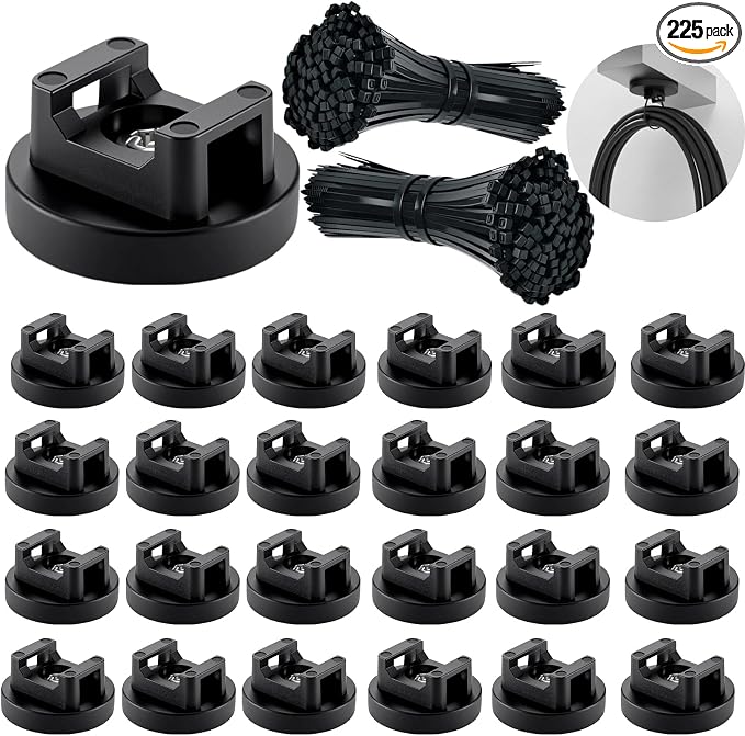 225-Pc Magnetic Cable Ties Set,Magnetic Zip Tie Mounts & Cable Ties | Magnetic Wire Holder, 25 Magnetic Cable Holders & 200 Zip Ties, Magnet Cable Tie Mounts for Cables, Wires, Cords, Hoses-31 mm