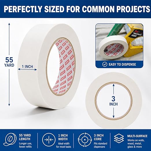 SWRT Masking Tape 1 inch x 55 Yards x 24 Rolls (1320 Total Yards), Masking Tape Bulk for General Purpose, Beige White Tape for Painting, Labeling, Packaging, Crafting & DIY Projects