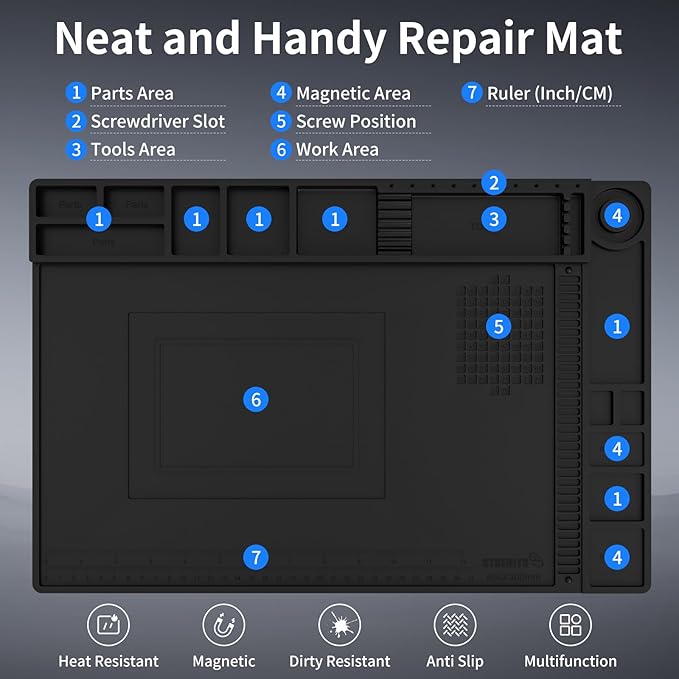 STREBITO Solder Mat Electronics Mat Silicone Repair Mat, Heat Resistant 932°F, Magnetic Project Mat Solder Pad for Soldering, Computer, Laptop, Cell Phone, RC, Gun, Size 17.7" x 11.8" (Black)