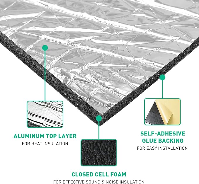 200mil 36 Sqft Self-Adhesive Car Sound Deadening Heat Shield Insulation Mat | Aluminum Foil PE Foam Dampening Mat, with Roller & 4 pcs Car Trim Removal Tools, for Car Doors, Floor, Roof, Hood, and Trunk
