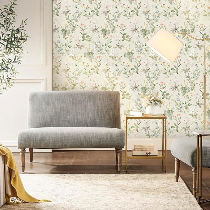 Simon&Siff Vintage Floral Peel and Stick Wallpaper 17.3" x 118" | Beige Botanical Contact Paper Self Adhesive Removable Waterproof Wall Paper, Renter Friendly, Bedroom Cabinets DIY Decor