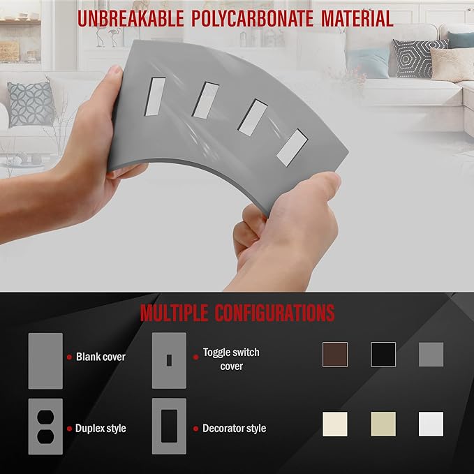 ENERLITES Screwless Quadruple Toggle Switch Wall Plate, Child Safe Light Switch Cover, Standard Size 4-Gang 4.68" x 8.38", Unbreakable Polycarbonate Thermoplastic, UL Listed, SI8814-GY, Glossy, Gray