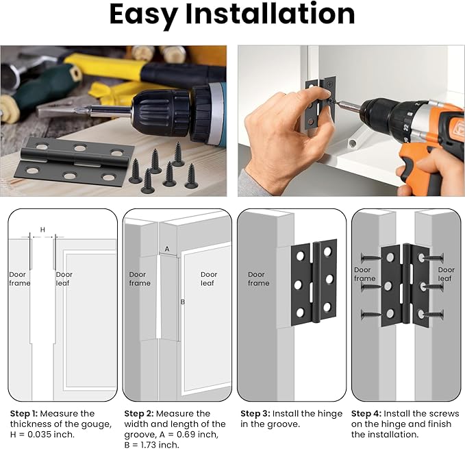 16 Pcs Small Stainless Steel Door Hinges, 2 inch Window Folding Hings, Home Furniture Hardware with 96 Screws (Black)