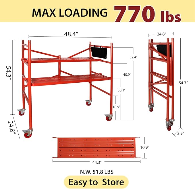 LEADALLWAY Portable Rolling Scaffolding Platform 4 Foot High Mobile Baker Scaffolding 770 LBS Capacity with Locking Wheels and Tool Bag, Red