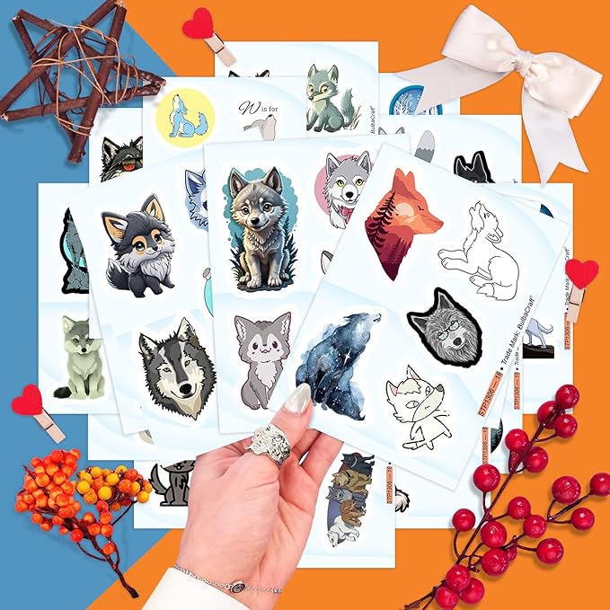 BulbaCraft Cute Wolf Stickers for Water Bottle and Laptop - Wolf Party Supplies & Decorations, Waterproof Vinyl Decals, Cute Animal and Wildlife Stickers, Gifts for Women & Men
