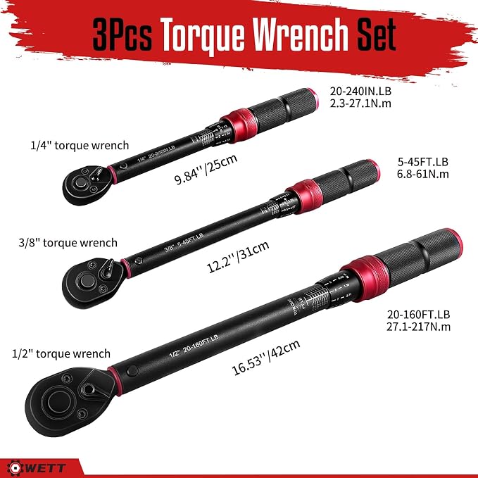 WETT 3Pcs Torque Wrench Set, 1/4'' & 3/8'' & 1/2'' Drive Click Torque Wrench, Dual-Direction Adjustable Reversible 72-Tooth Ratchet Handle, 20-240IN.LB, 5-45FT.LB, 20-160FT.LB