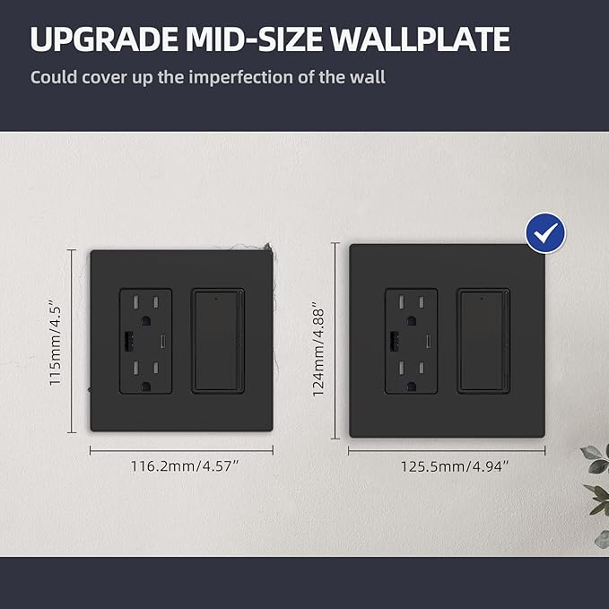 ELEGRP 2 Gang Screwless Decorative Wall Plates, Mid-Size Unbreakable Thermoplastic Faceplate Cover for Decorator Receptacle Outlet Switch, UL Listed (5 Pack, Matte Black)