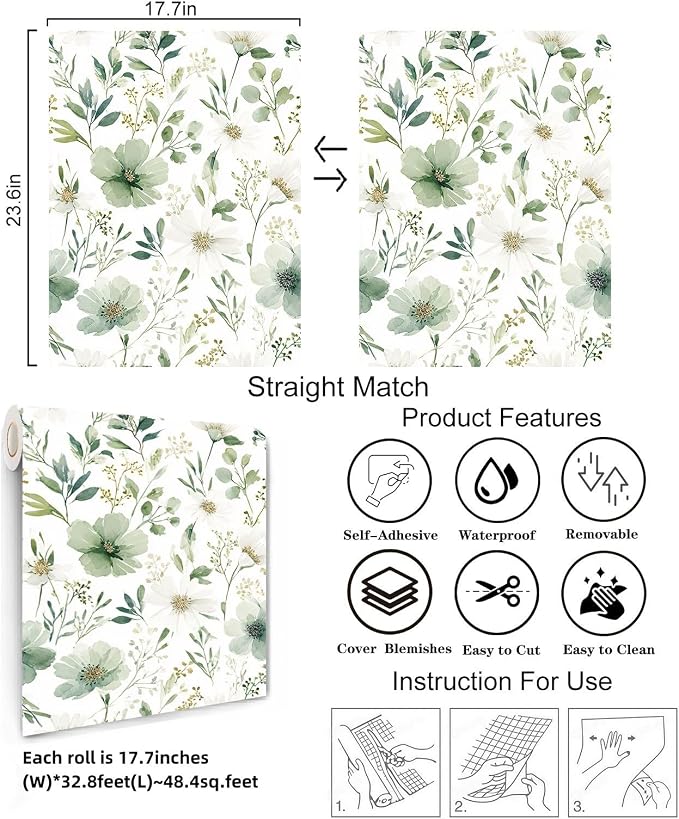 Sage Green Floral Peel and Stick Wallpaper 17.7" x 393.7" | Thick removable watercolor natural flower design for renters and bedroom accent walls