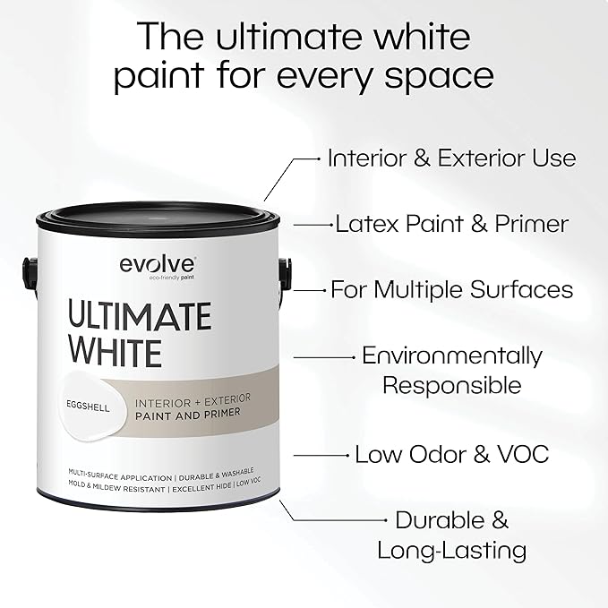 EVOLVE Ultimate White Paint & Primer in One, Eggshell White, 1 Gallon – Interior & Exterior, One-Coat Coverage, Excellent Hide, Low Odor, Low VOC, Washable Paint for Walls, Ceilings & Trim