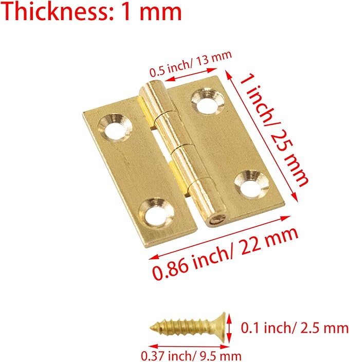 6Pcs 1 Inch Butt Hinge, Mini Cabinet Hinges, Rectangle Brass Folding Butt Hinges, Small Jewelry Box Butt Hinge, Gold