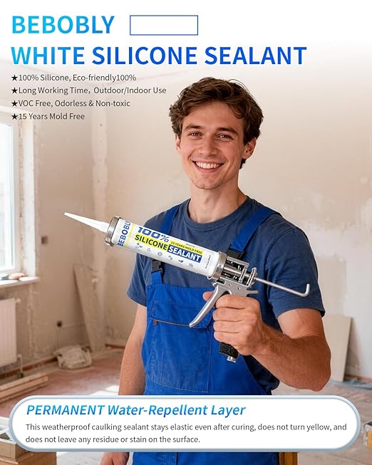 White Silicone Caulk & Sealant, 100% Waterproof Silicone Sealant Caulking, Shrink & Crack Proof, Silicone Caulking for Kitchen, Bathroom, RV, Interior & Exterior Use, 10.2 FL. OZ/300ML, 4 Pack
