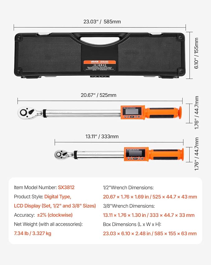 VEVOR Digital Torque Wrench 3/8 1/2 Inch Drive, 0-44.25FT.LB(0-60Nm)/0-162.26FT.LB(0-220Nm) ±2% Accuracy, Electronic Torque Wrench with Preset Mode,Vibration,Buzzer,LED Notification,5Units of Measure | 2.2-44.25Ft.Lb(3-60Nm)/8.1-162.26Ft.Lb(0-220Nm) , ...