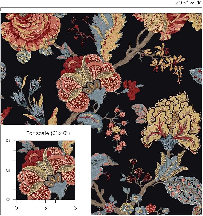 NextWall Kianna Jacobean Floral Peel and Stick Wallpaper (Ebony)
