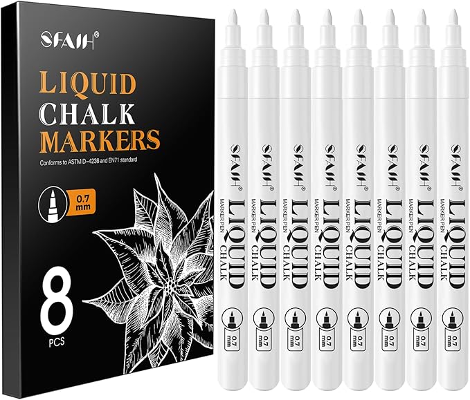 SFAIH Liquid Chalk Markers for Blackboard - White 8 Pack 0.7mm Fine Tip, Wet Erase Chalk Marker for Chalkboard, Menu, Bistro, Signs, Windows, Glass, Labels, [1s Wet Wipe] - No Residue