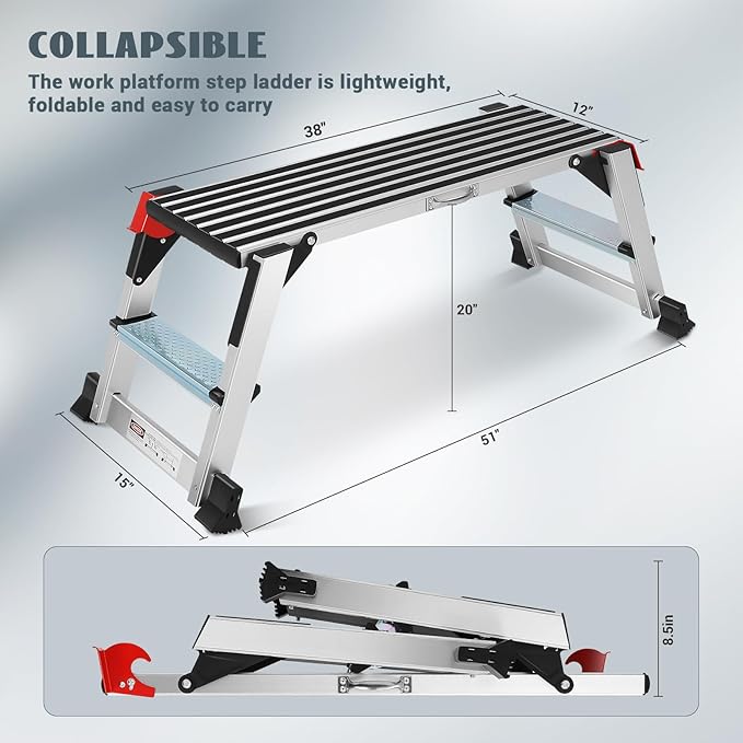 Work Platform, Aluminum Step Ladder, 40"×12"×20" Step Platform Non-Slip, Heavy Duty Folding Work Bench Capacity 330 LBS for Washing Vehicles, Cleaning, Painting, Decorating