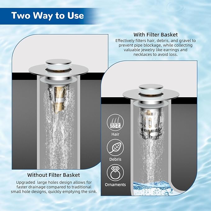 Hibbent 2 Pack 3 in 1 Bathroom Sink Drain Strainer, Universal Pop Up Stopper with Removable Stainless Steel Filter Basket Hair Catcher, Sink Plug for 1.1''~2.36'' Basin, Brass Bullet Core, Chrome