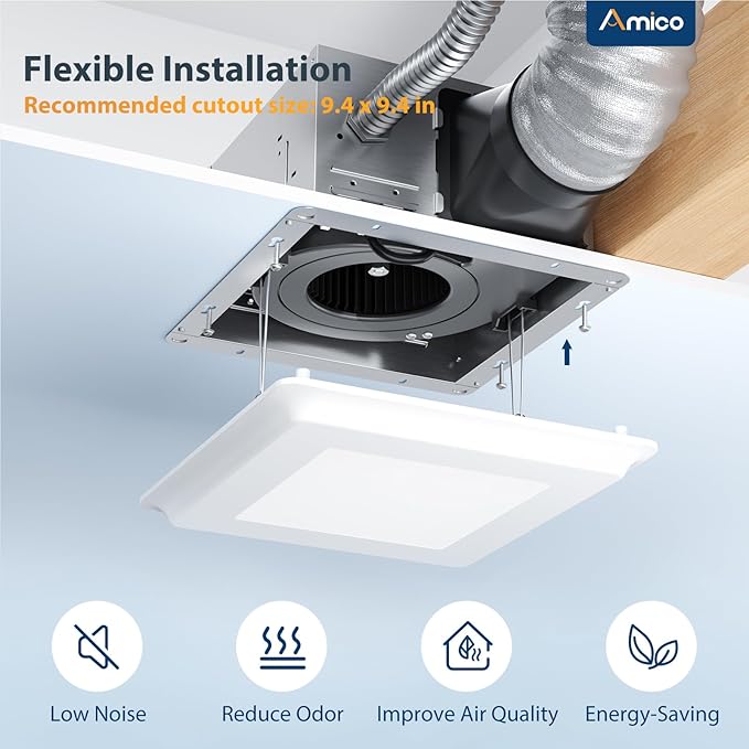 Amico Bathroom Exhaust Fan with Light, 110 CFM, 1.0 Sones, 5CCT, Easy Retrofit without Attic Access, Adjustable Bathroom Fan with light, Quiet Operation, ETL & FCC Certified
