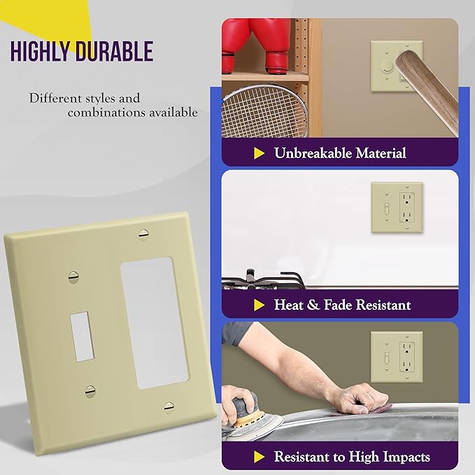 ENERLITES Combination Toggle Switch/Decorator Switch Wall Plate, Size 2-Gang 4.50" x 4.57", Polycarbonate Thermoplastic, 881131-I, Ivory