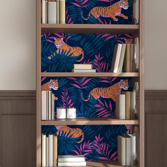 Dark Blue Vintage Tiger Peel and Stick Wallpaper 17.5" x 393" | Waterproof Vinyl Self Adhesive Removable Renter Friendly Floral Contact Paper