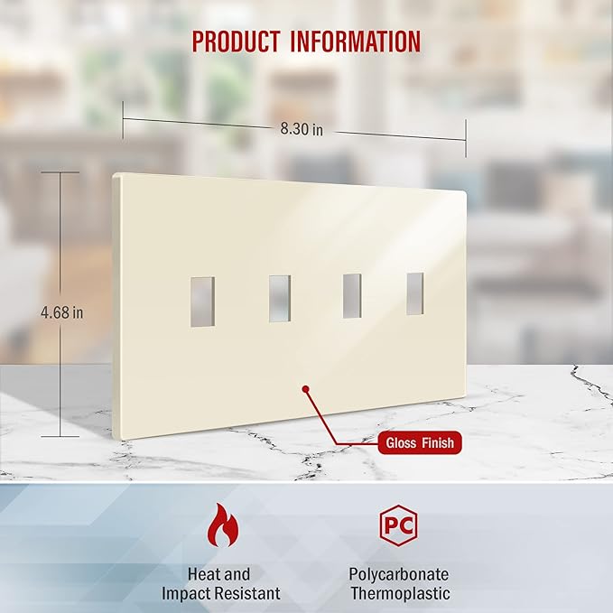 ENERLITES Screwless Quadruple Toggle Switch Wall Plate, Child Safe Light Switch Cover, Standard 4-Gang 4.68" x 8.38", Unbreakable Polycarbonate Thermoplastic, UL Listed, SI8814-LA, Light Almond