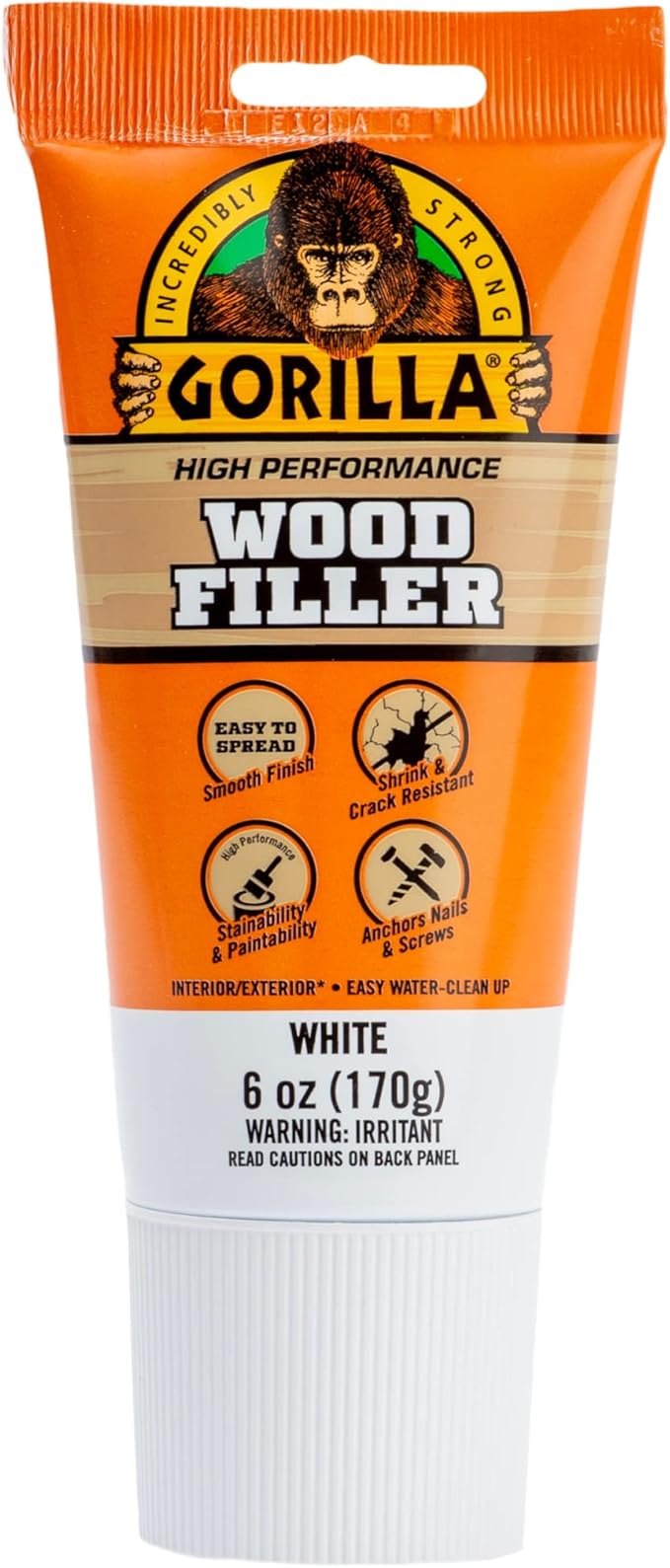 Gorilla All Purpose Wood Filler, White Wood Filler, 6 Ounce Tube (Pack of 6) - Water Resistant for Indoor or Outdoor Projects and Repairs