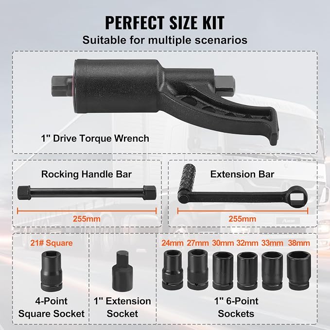VEVOR Torque Multiplier, 1 Inch Drive Lug Nut Wrench/Multiplier Heavy Duty Torque Multiplier Wrench Set, 1:64 6,800N.m Lug Nut Remover, Includes 8 Sockets (24-38mm) and Storage Case